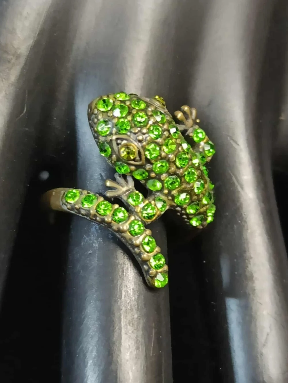 80’s Frog Wrap Ring Green Rhinestone Statement Adjustable Ring Sz.8